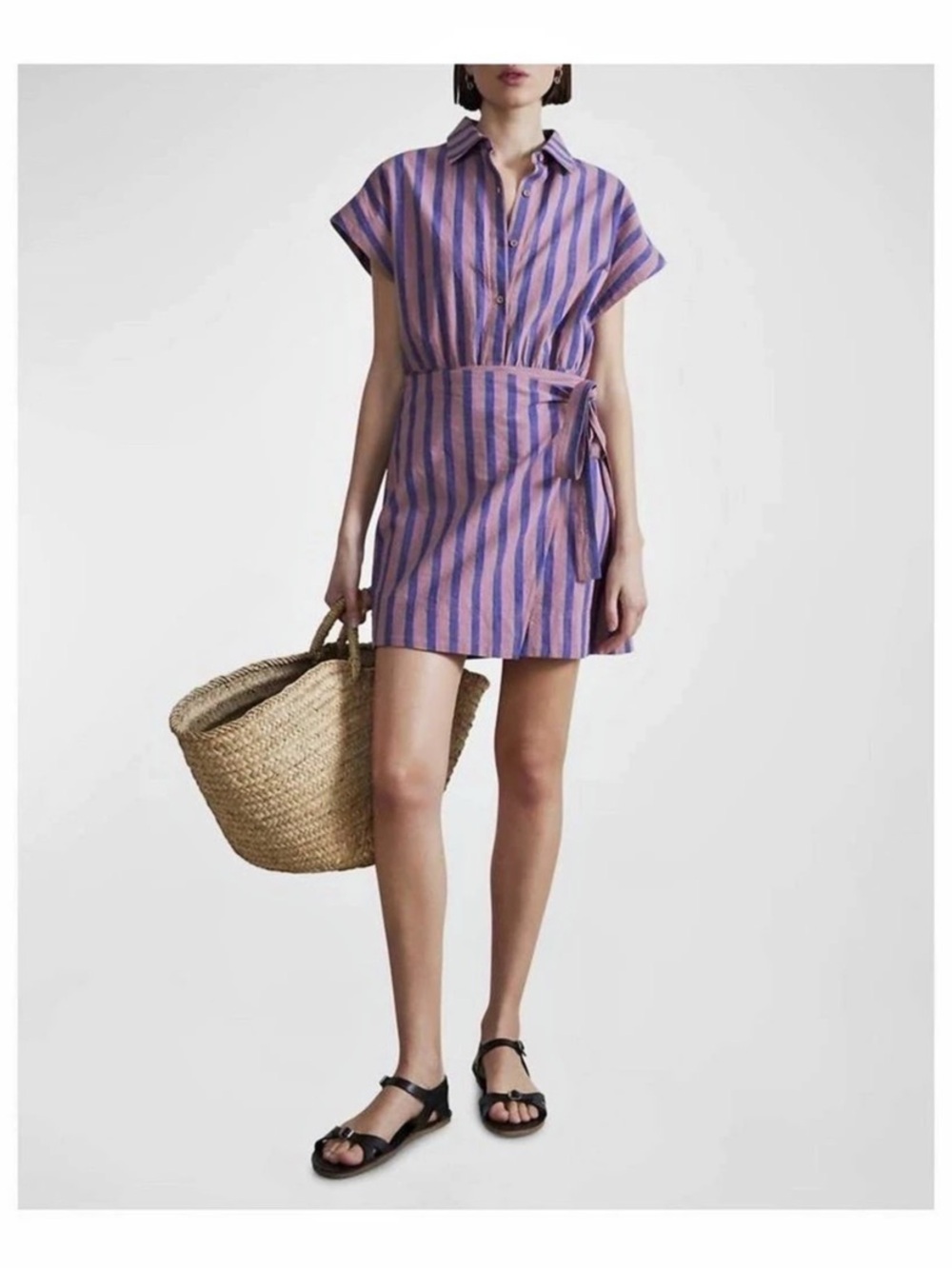 Catania wrap mini dress in dusty pink and blue stripe